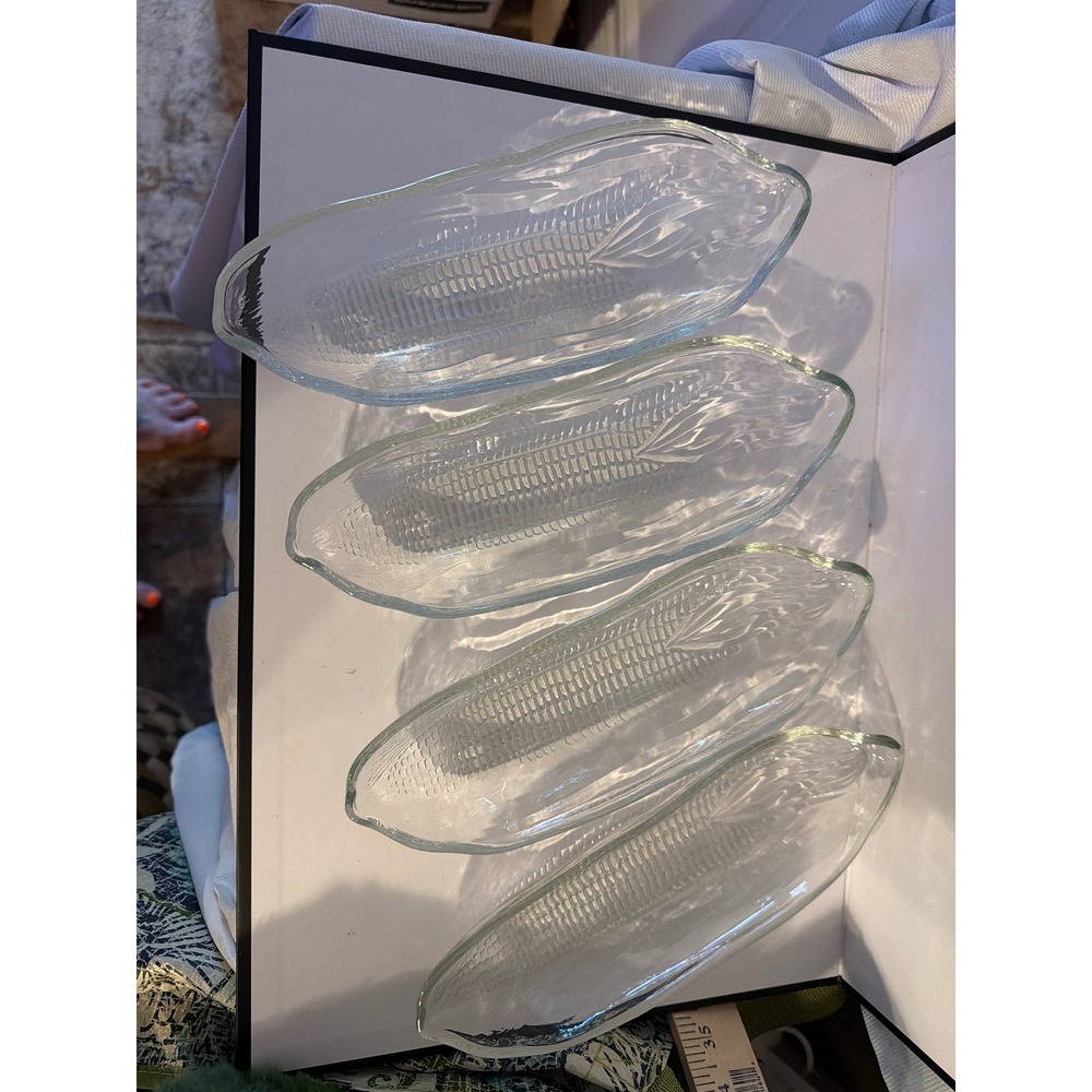 Vintage Clear Glass Corn on the Cob Serving Dishes Set of 4 Embossed Boat Plates